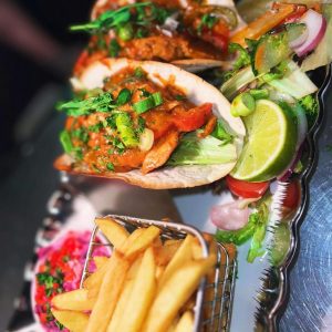 Crispy Pork Tacos with Red Chile Salsa